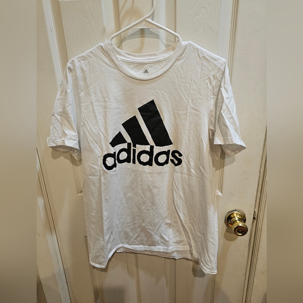 Adidas white black logo tee size mens L EUC